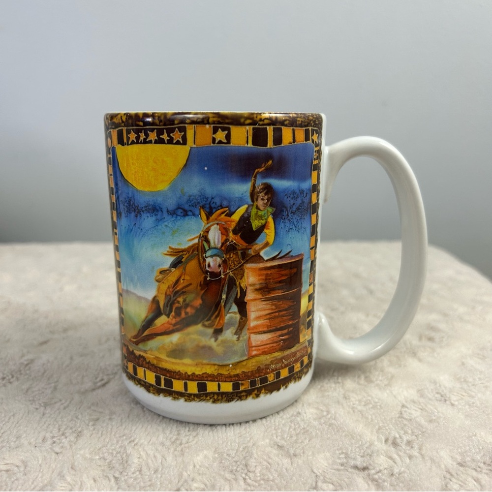 Cuppa Nancy Dunlop Cawdrey Barrel Racer Coffee Mug Cup Western Horse Stars Rodeo